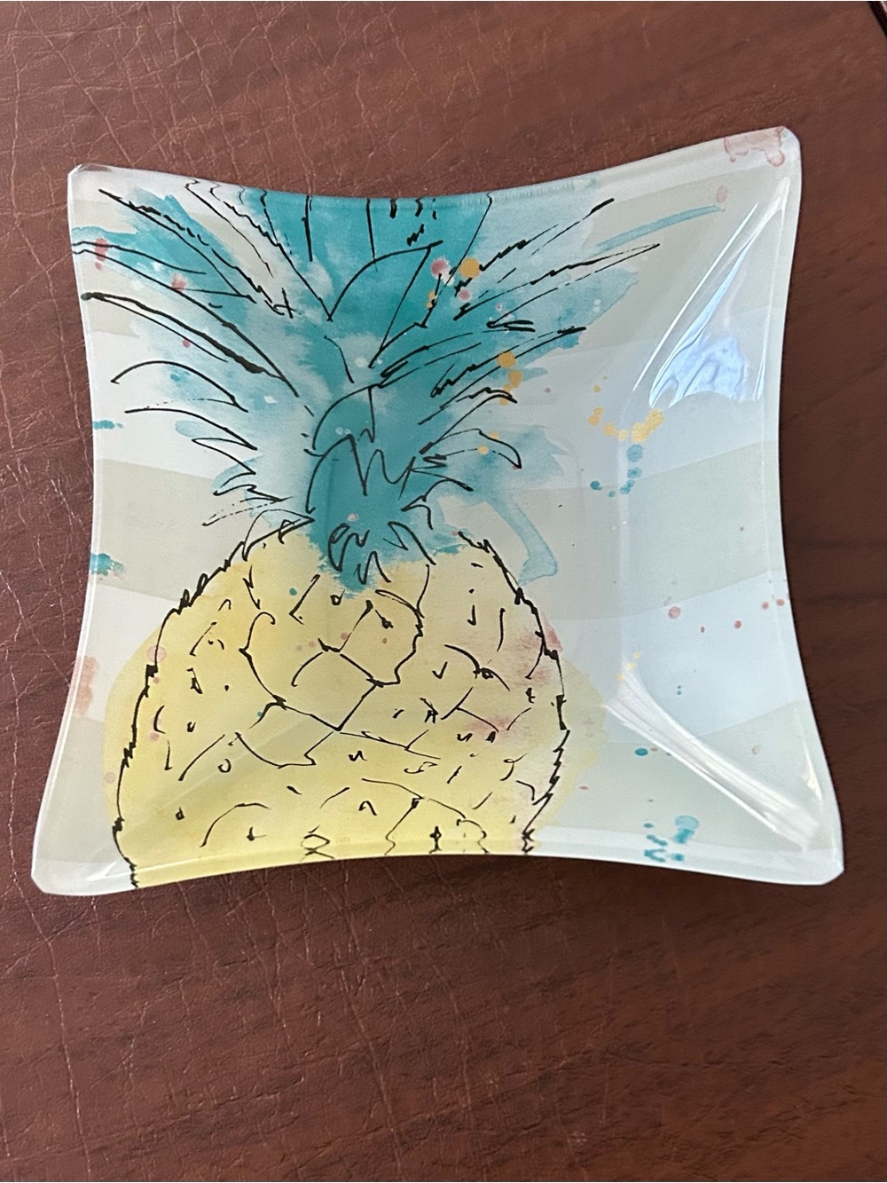 Prima Design square glass trinket dish with a watercolor pineapple design